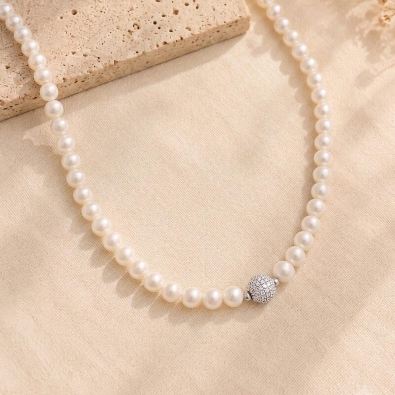 Radiant Grace Handcrafted 18K White Gold Necklace with Pearl and Natural Diamonds by Bafleh Jewellery