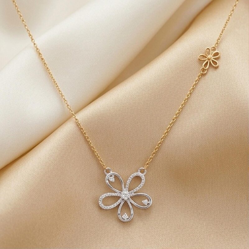 18K Yellow Gold Flower Shape Natural Diamond Necklace Bafleh Jewellery