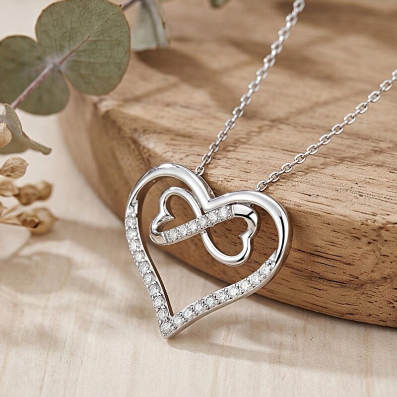 Romantic 18K White Gold Diamond Pendant | Unique Dual Heart Design (Big & Small Hearts Joined) by Bafleh Jewellery