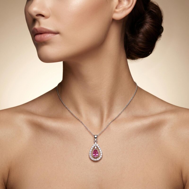 Elegant 18K White Gold Necklace Adorned with Natural Ruby Stone and Brilliant Natural Diamonds Exquisite Craftsmanship by Bafleh Jewellery