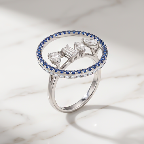 18kt White Gold Geometric Halo Ring with Multi-Shape Diamonds and Blue Sapphires