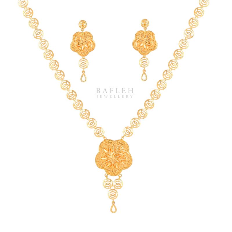 Elegant 22K Yellow Gold Necklace Set with Traditional Craftsmanship by Bafleh Jewellery