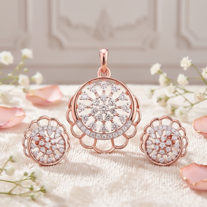 Certified Natural Diamond Floral Wheel Pendant Set in Warm 14K Rose Gold