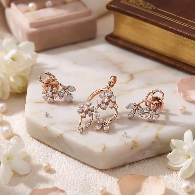 Certified Natural Diamond Floral Vine Pendant & Earrings Set in 14K Rose Gold