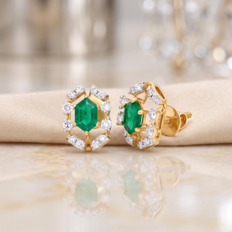 Elegant Natural Emerald with Natural Diamond Earrings Jewellery Set in 18K Gold Premium Fine Jewellery Collection by Bafleh Jewellery