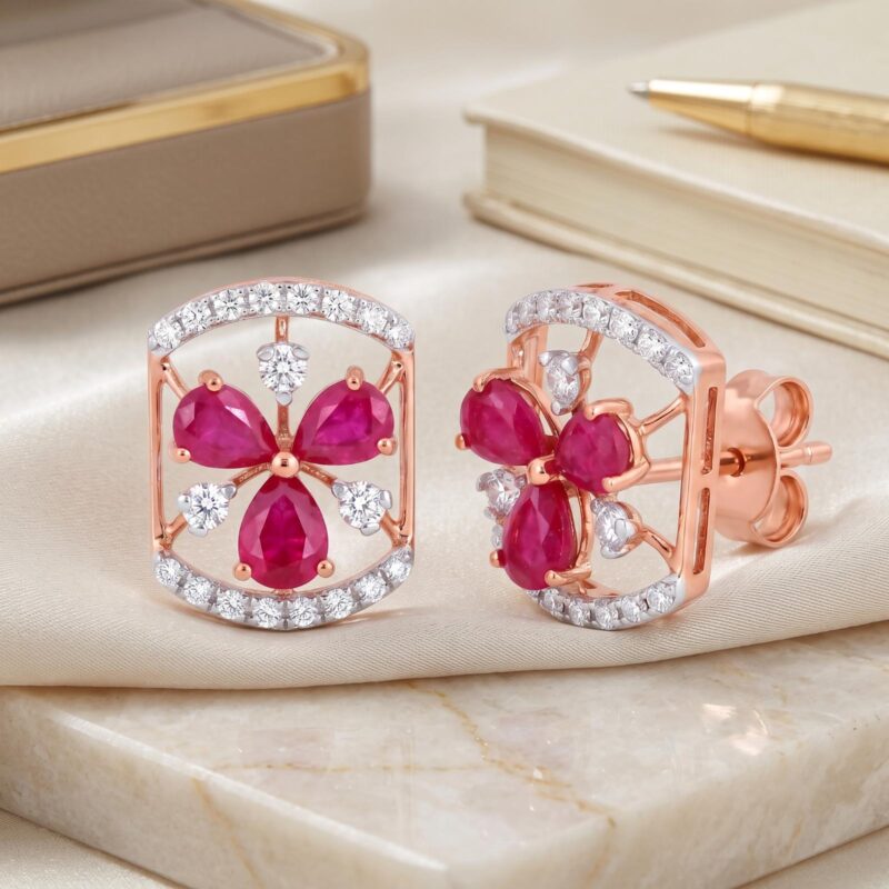 Ruby Diamond Earrings Available in Yellow, White & Rose Gold