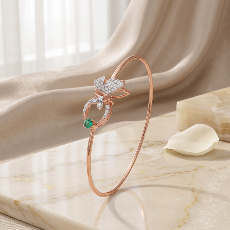 Enchanted Butterfly Diamond & Emerald Bangle in Rose Gold 14kt