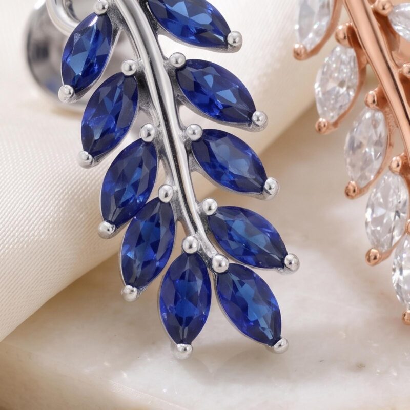 Alternative view of Sapphire Leaf Elegance Blue Sapphire & White Diamond Earrings in 18K Gold