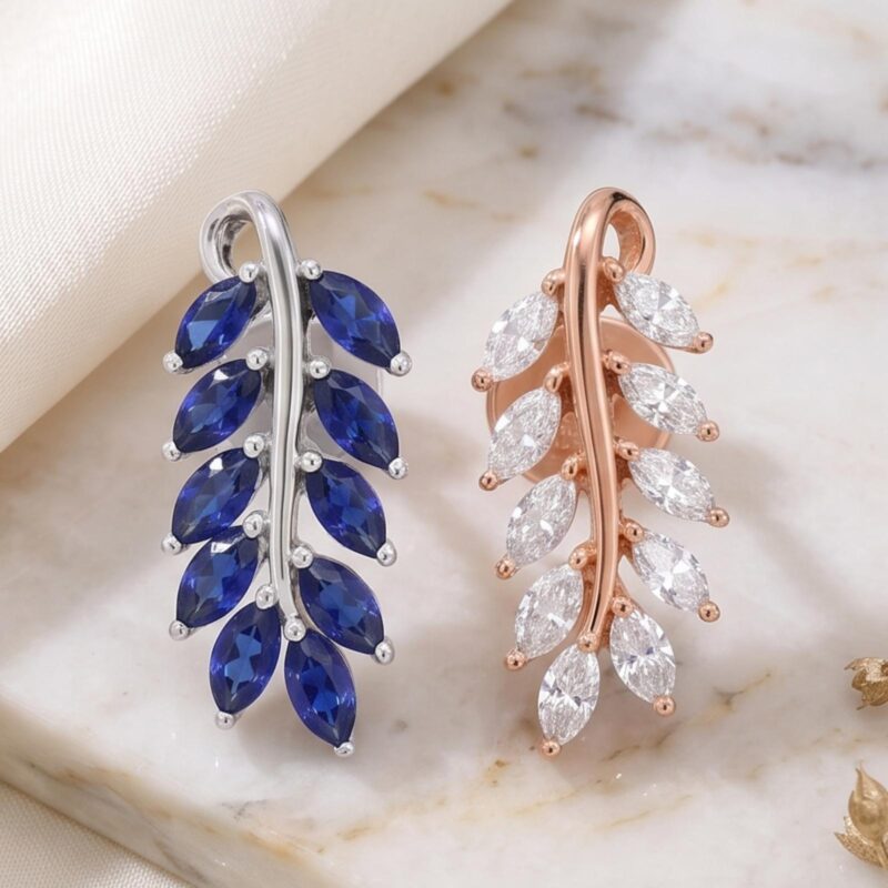 Sapphire Leaf Elegance Blue Sapphire & White Diamond Earrings in 18K Gold