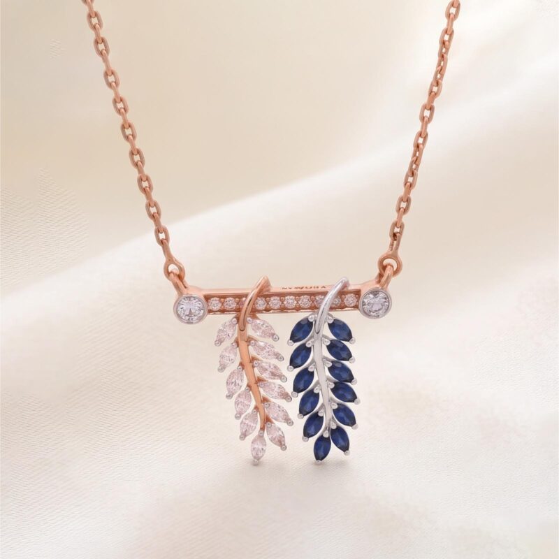 Elegant Leaves Shape Necklace with Blue Sapphire & Natural Diamonds in 18K White Gold | Bafleh Jewellery