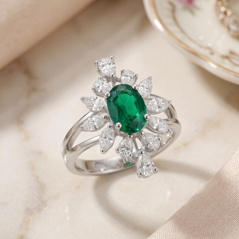 Emerald Elegance in 18K White Gold | Bafleh Jewellery
