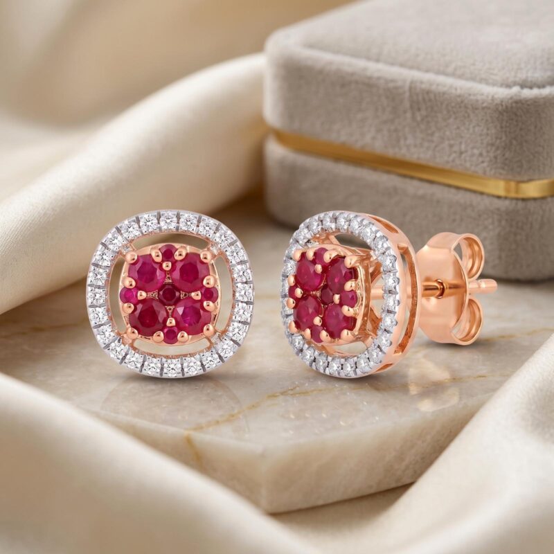 Premium Natural Ruby Stone and Diamond Earrings Jewellery in 18K Gold Timeless Luxury Jewellery Collection at Bafleh Jewellery