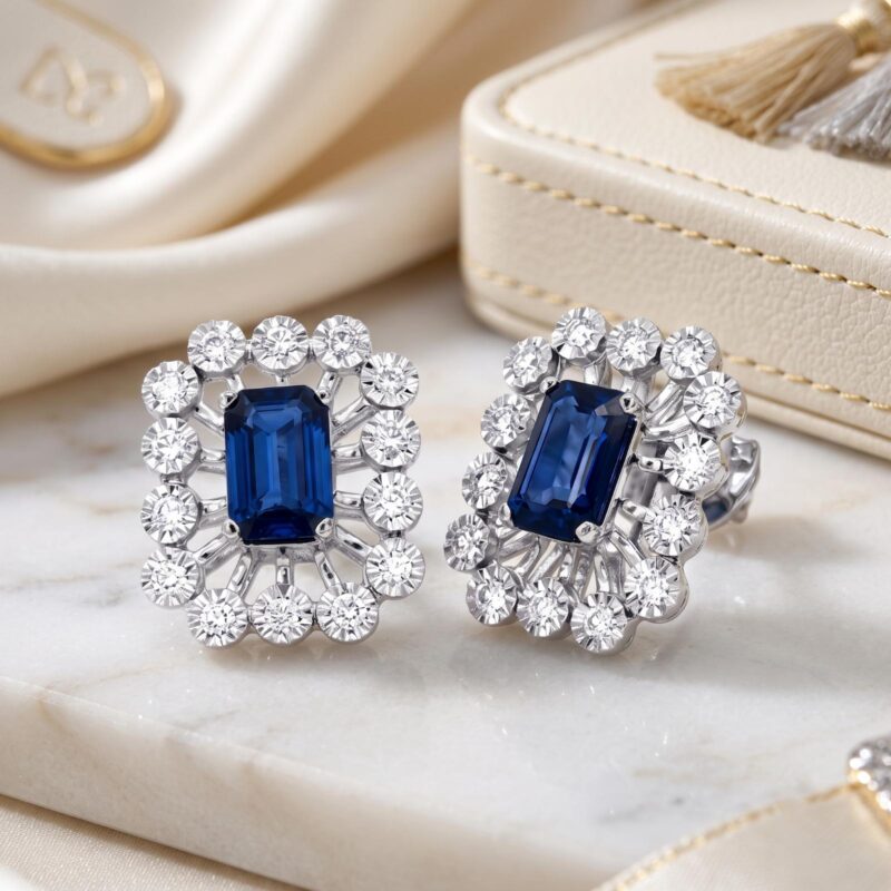 Natural Blue Sapphire Stone with Natural Diamond Earrings in 18K Gold ? A Timeless Luxury Jewellery Design by Bafleh Jewellery