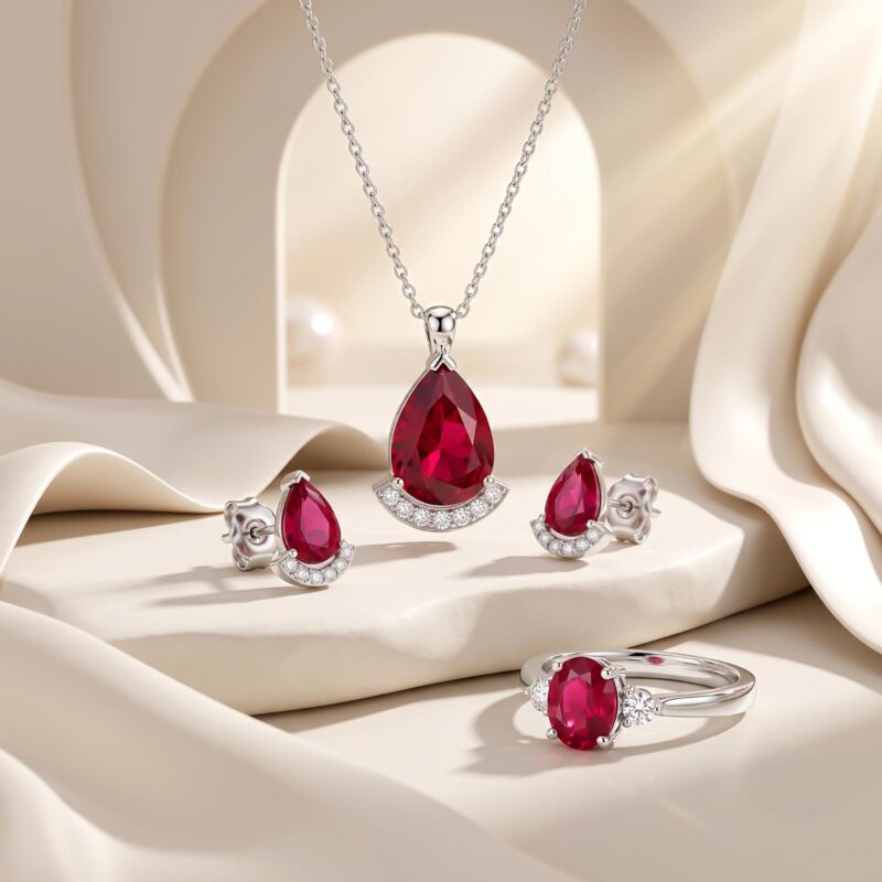 Natural Ruby & Diamond 18K Gold Jewellery Set Necklace, Ring & Earrings