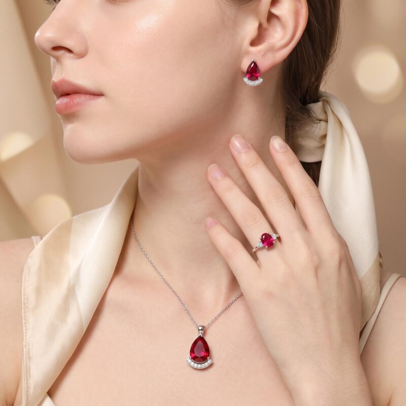 Alternative view of Natural Ruby & Diamond 18K Gold Jewellery Set Necklace, Ring & Earrings