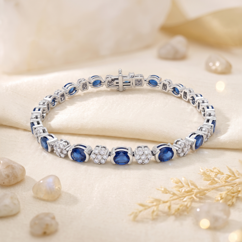 Imperial Blue Sapphire & Diamond Cluster Tennis Bracelet