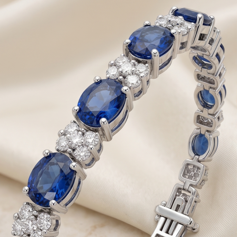 Alternative view of Imperial Blue Sapphire & Diamond Cluster Tennis Bracelet