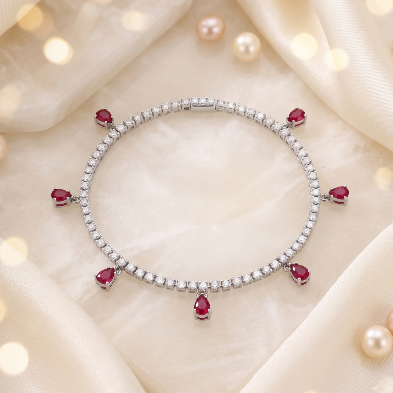 Pear-Cut Ruby & Diamond Dangle Bracelet in 18K White Gold