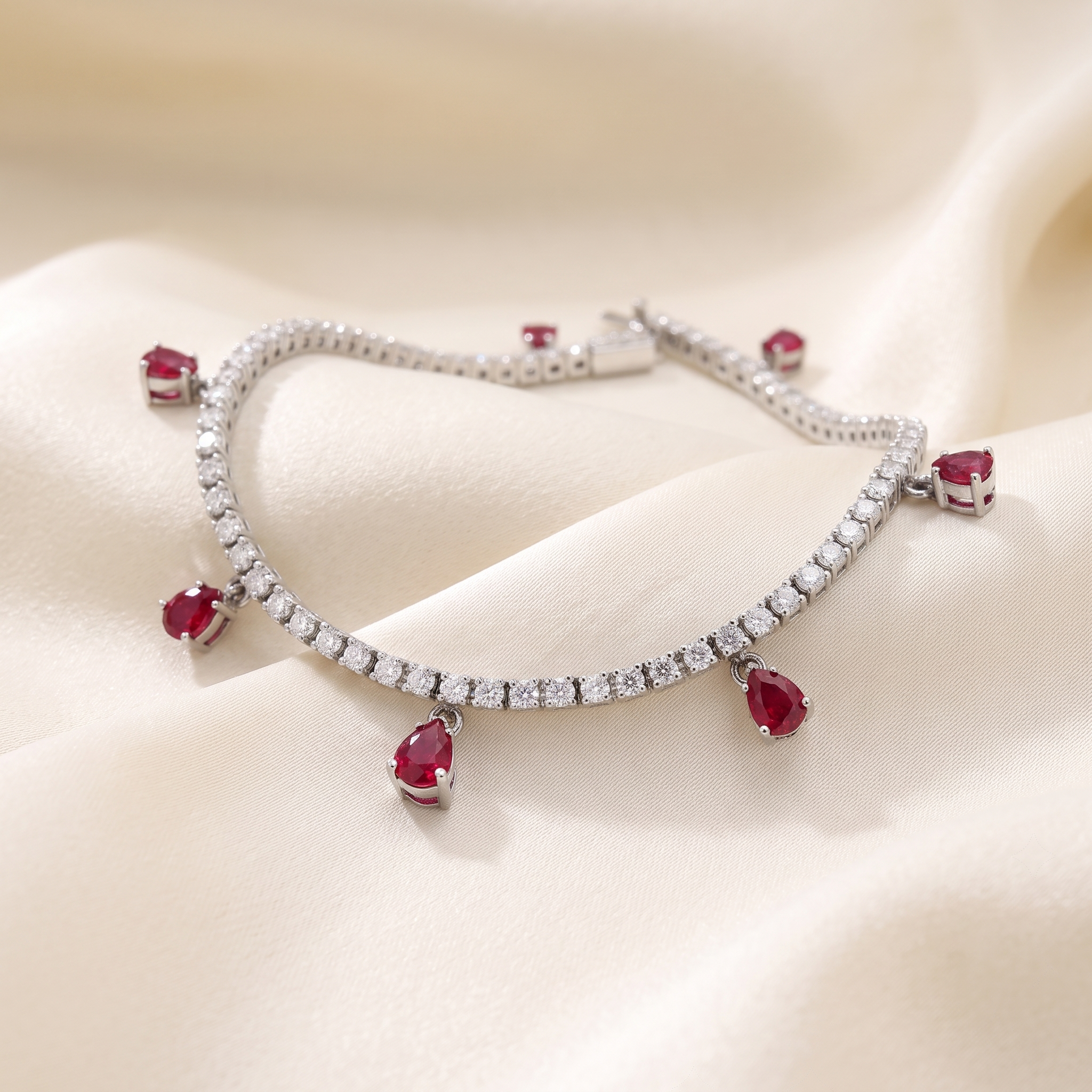 Pear-Cut Ruby & Diamond Dangle Bracelet in 18K White Gold - Image 3