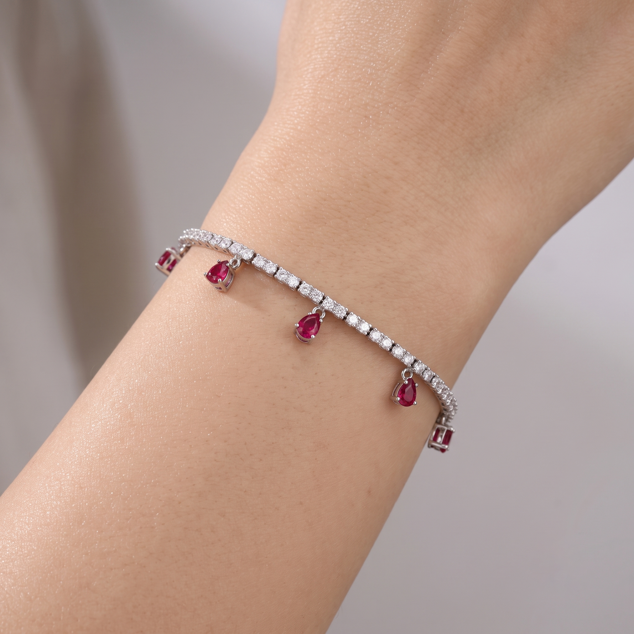 Pear-Cut Ruby & Diamond Dangle Bracelet in 18K White Gold - Image 5