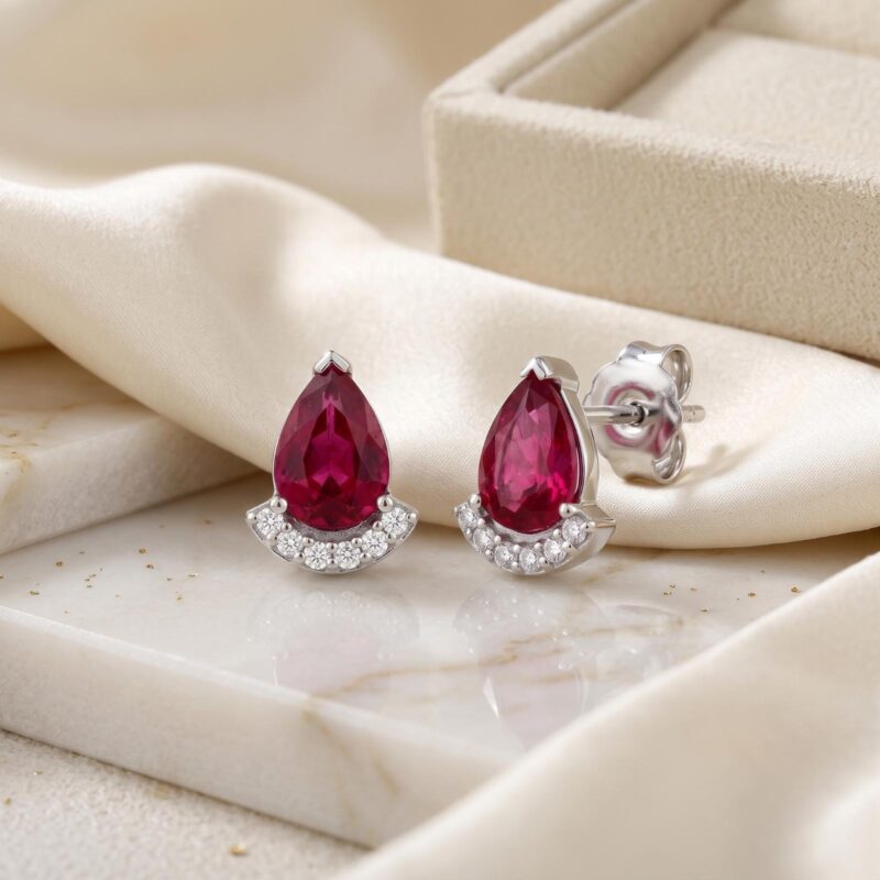 Elegant Natural Ruby Stone with Brilliant Natural Diamond Earrings in 18K Gold Luxury Fine Jewellery Available at Bafleh Jewellery