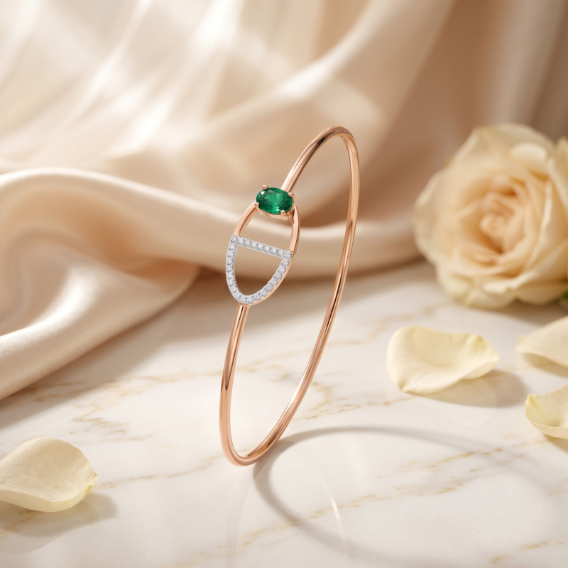 Modernist Oval Emerald & Diamond Bangle in 18kt Rose Gold