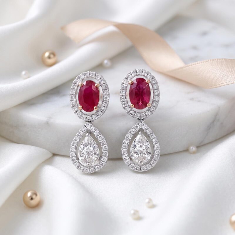 Natural Ruby Stone with Natural Diamond Earrings in 18K Gold Exquisite Luxury Ruby & Diamond Earrings Jewellery at Bafleh Jewellery