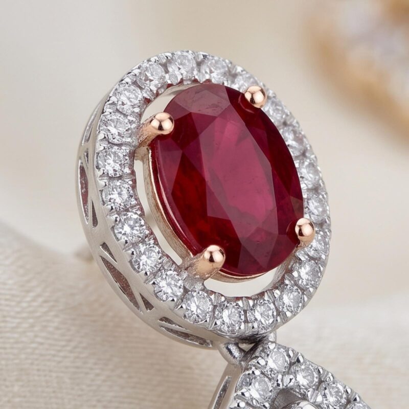 Alternative view of Natural Ruby Stone with Natural Diamond Earrings in 18K Gold Exquisite Luxury Ruby & Diamond Earrings Jewellery at Bafleh Jewellery
