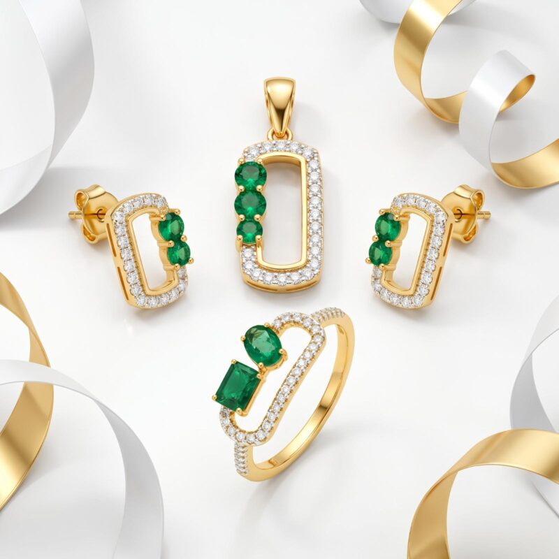Elegant 18K Gold Emerald & Natural Diamond Necklace Set Special Price at Bafleh Jewellery