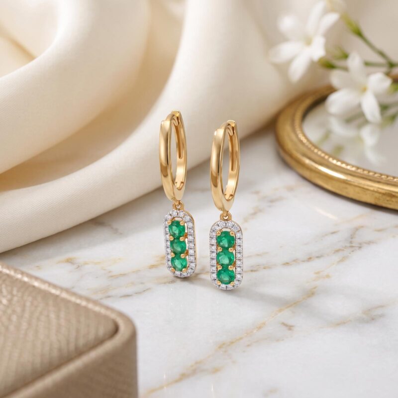 Natural Emerald and Diamond Earrings Jewellery Set in 18K Yellow Gold Elegant Fine Jewellery with Timeless Beauty and Luxury Craftsmanship by Bafleh Jewellery