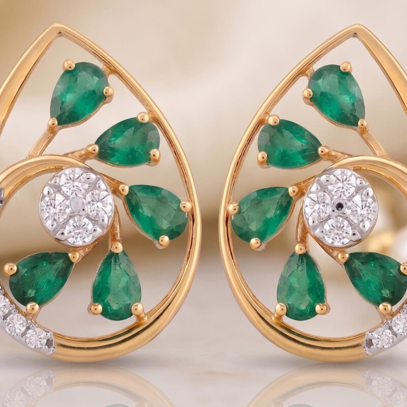 Alternative view of Exclusive Bafleh Jewellery Natural Emerald and Natural Diamond Earrings 18K Gold Collection