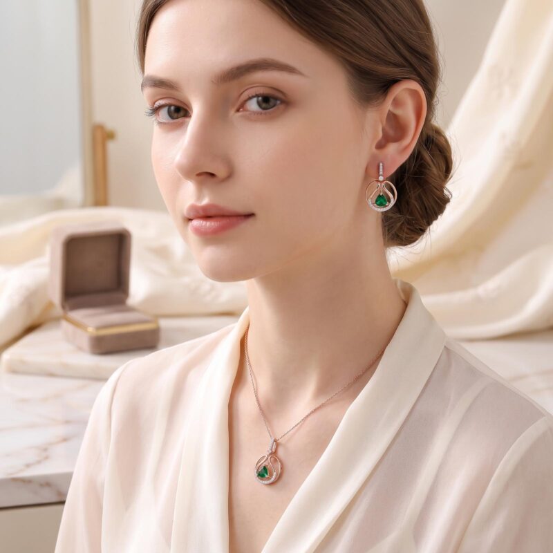 Alternative view of Natural Emerald & Diamond Necklace Set | 18K Gold by Bafleh Jewellery