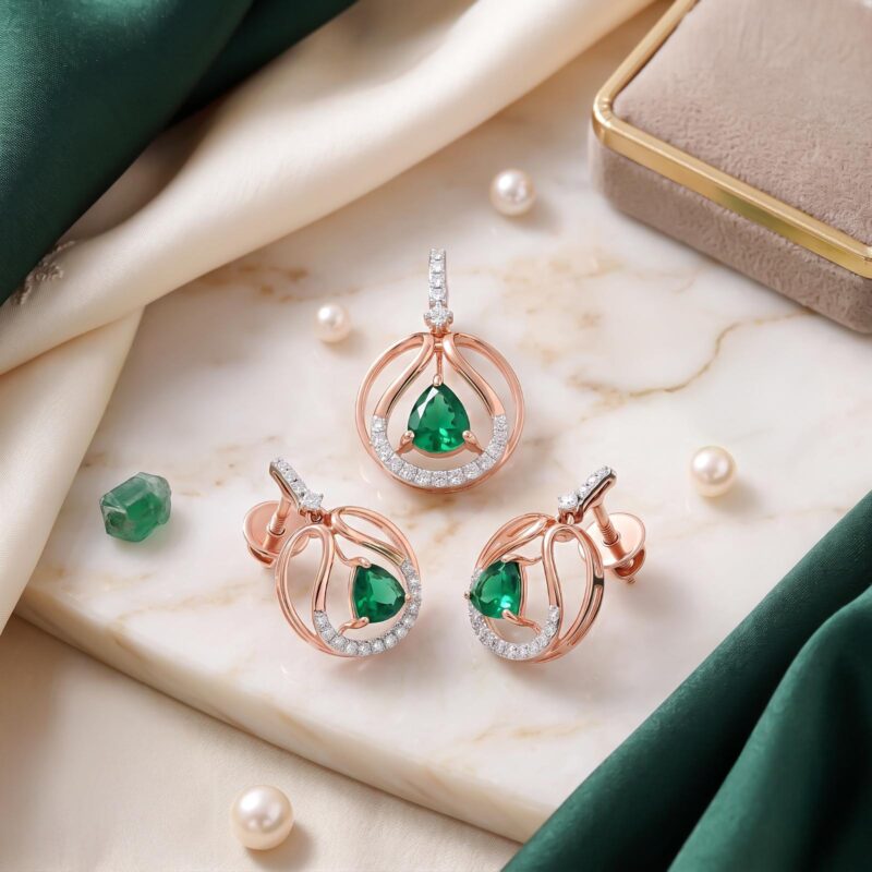 Natural Emerald & Diamond Necklace Set | 18K Gold by Bafleh Jewellery
