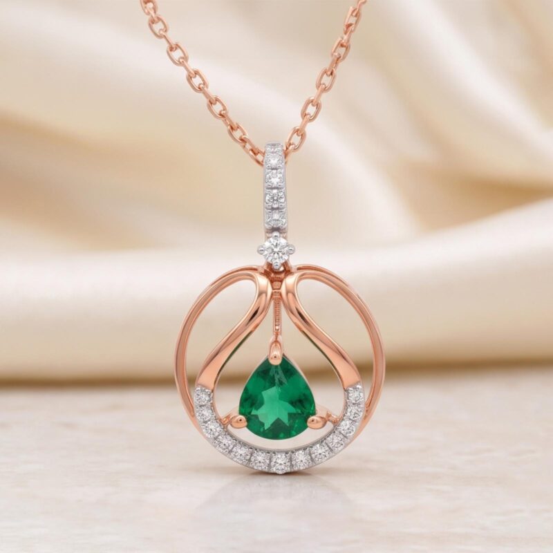 18K Gold Green Emerald Pendant with Natural Diamonds | Bafleh Jewellery