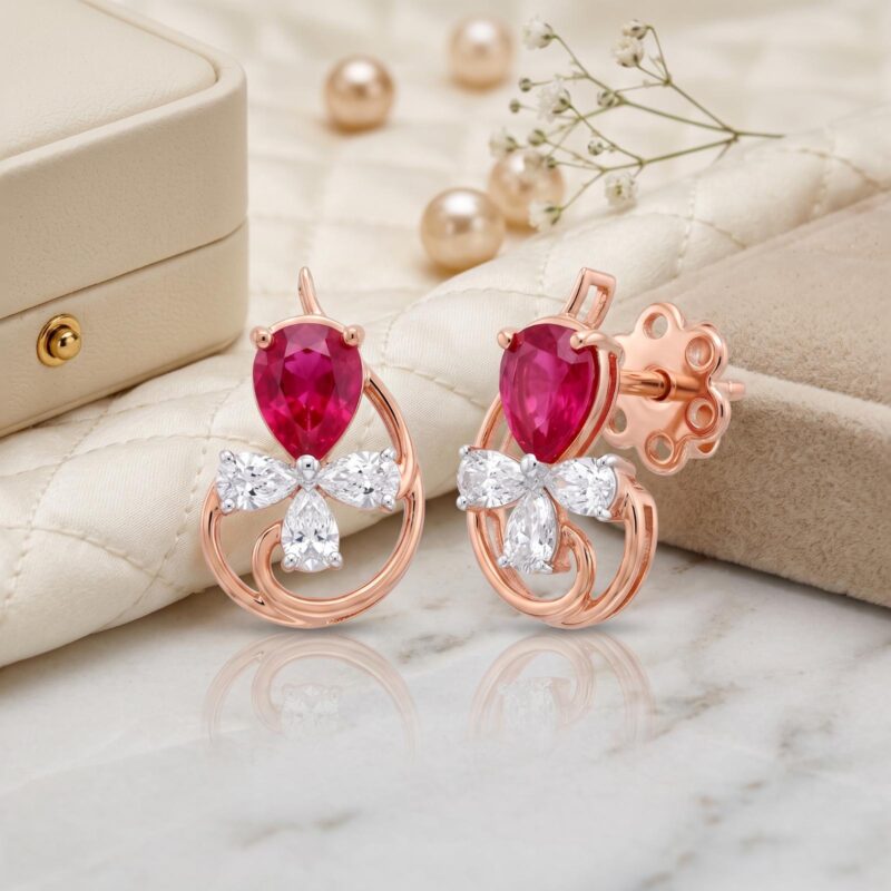 Alternative view of Natural Ruby Stone and Sparkling Diamond Earrings Jewellery in 18K Gold Elegant, Timeless and Luxury Jewellery by Bafleh Jewellery