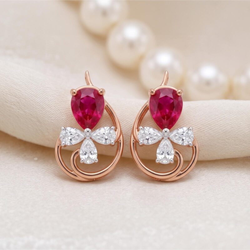 Natural Ruby Stone and Sparkling Diamond Earrings Jewellery in 18K Gold Elegant, Timeless and Luxury Jewellery by Bafleh Jewellery