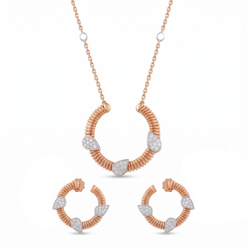 18K Rose Gold & Diamond Circular Motif Necklace and Earring Set