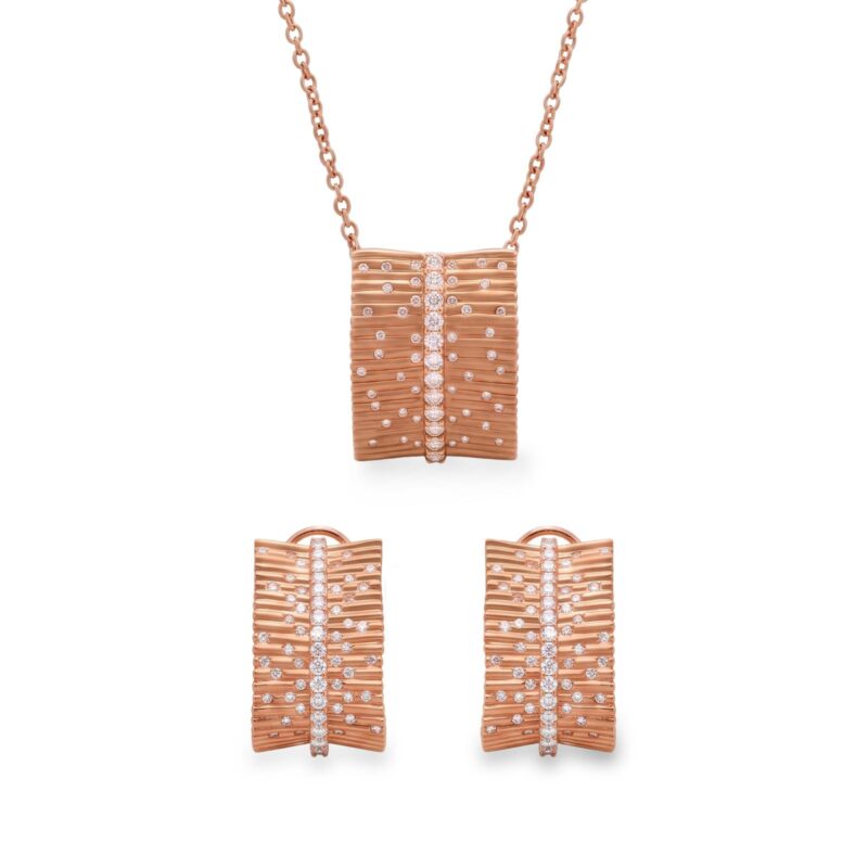 18K Rose Gold Textured Cuff Diamond Necklace and Earring Set