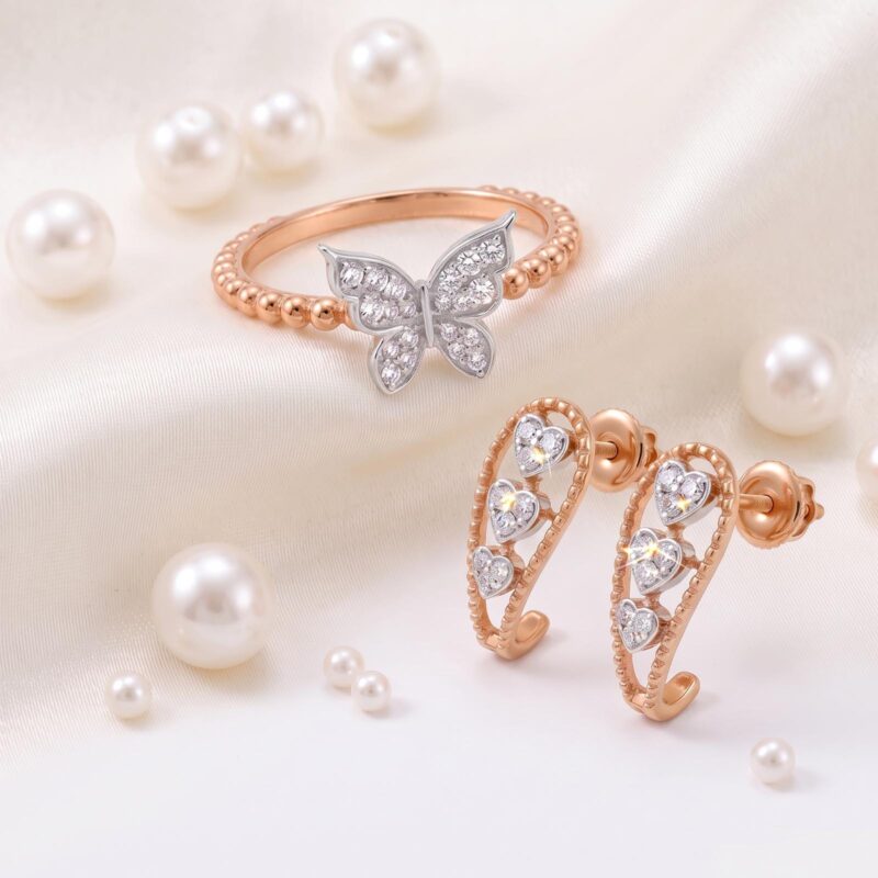 Natural Diamond Earrings and Ring in 18K Gold by Bafleh Jewellery