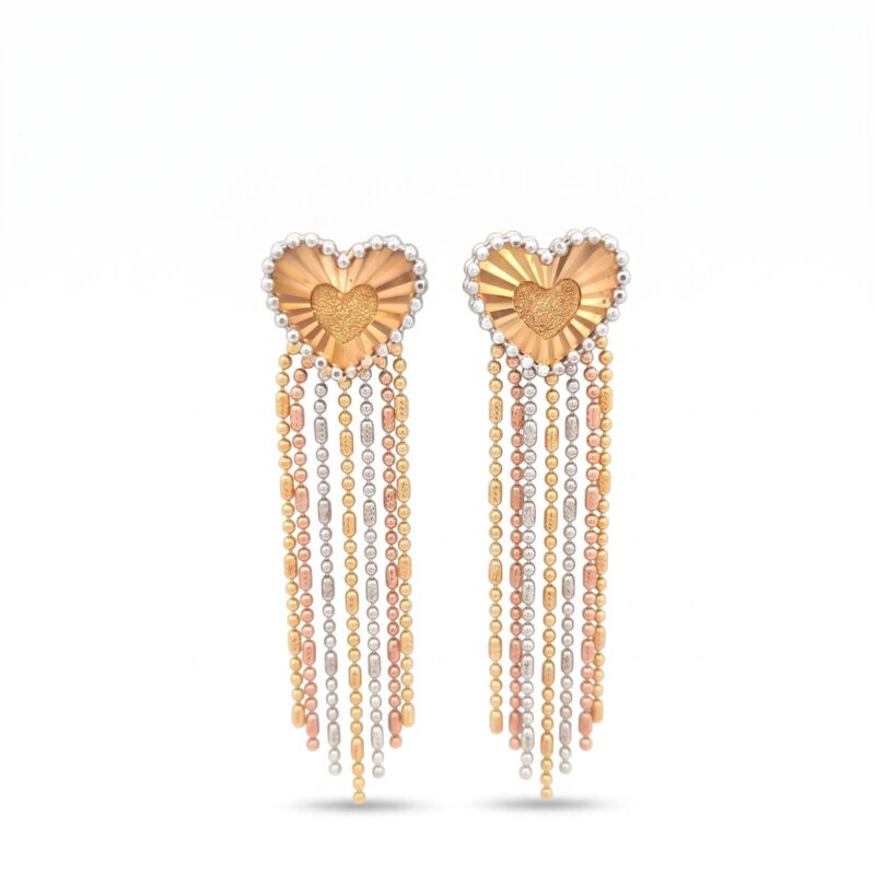 Elegant Heart Shape Hanging Earrings in 18K Gold with a Graceful Design Available at Bafleh Jewellery