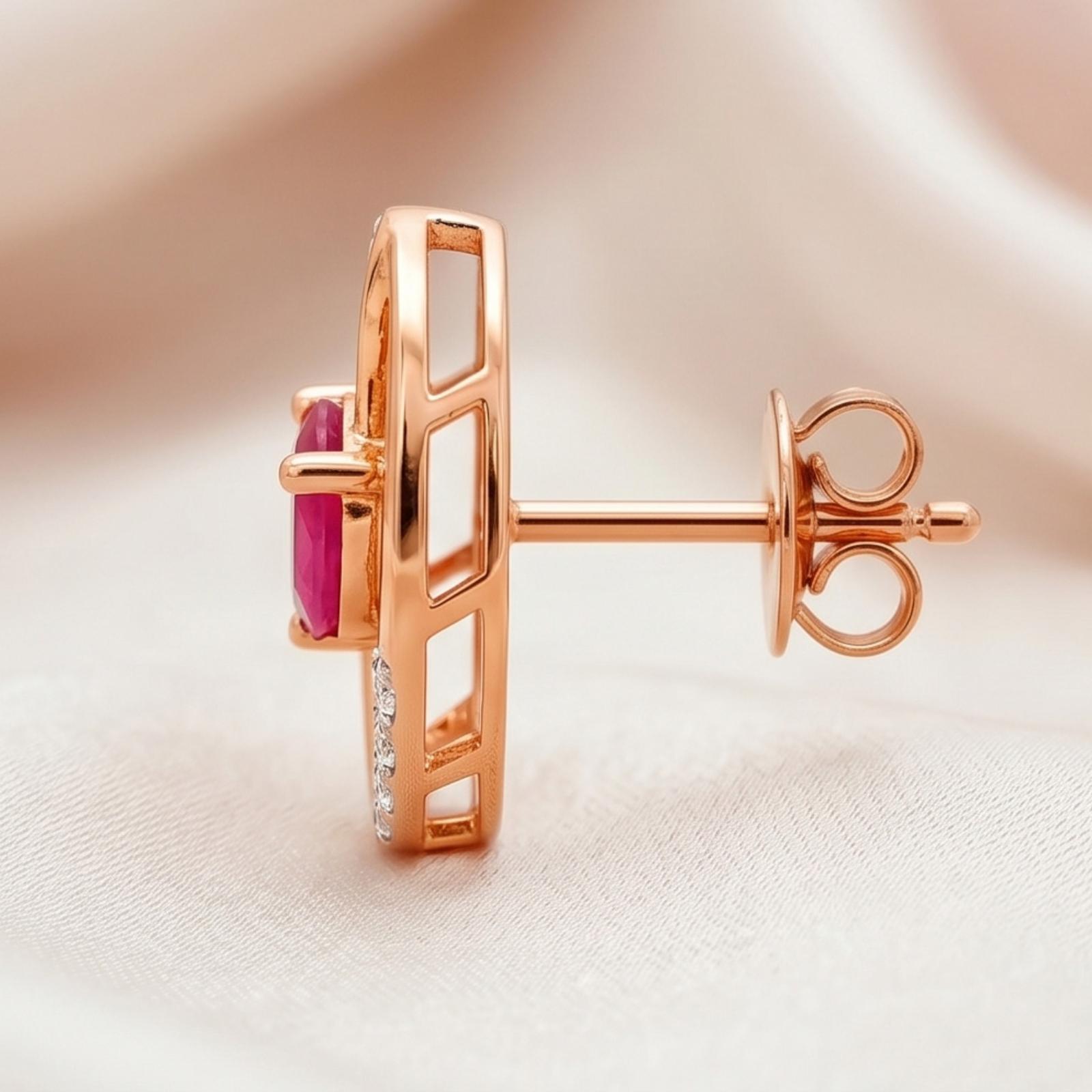 Radiant Ruby Stone Earrings with Natural Diamonds | 18K Rose Gold Elegance - Image 4