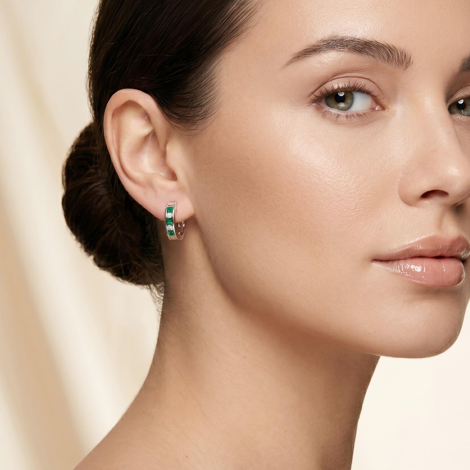 Stunning 18K Gold Emerald & Diamond Hoop Earrings in White Gold| Premium Collection at Bafleh Jewellery - Image 5