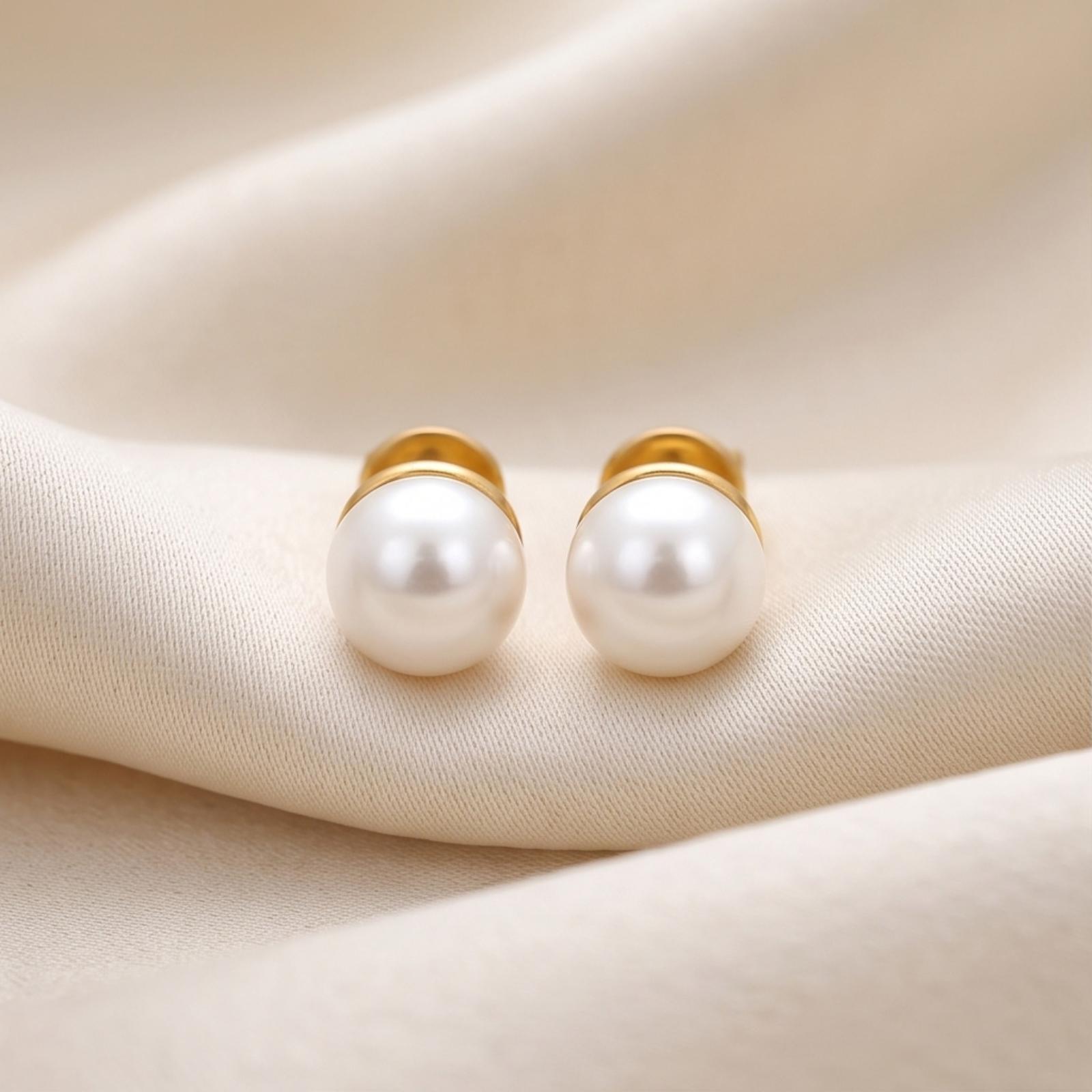 Minimal & Elegant 18K Yellow Gold Pearl Stud Earrings| Available at Bafleh Jewellery - Image 3
