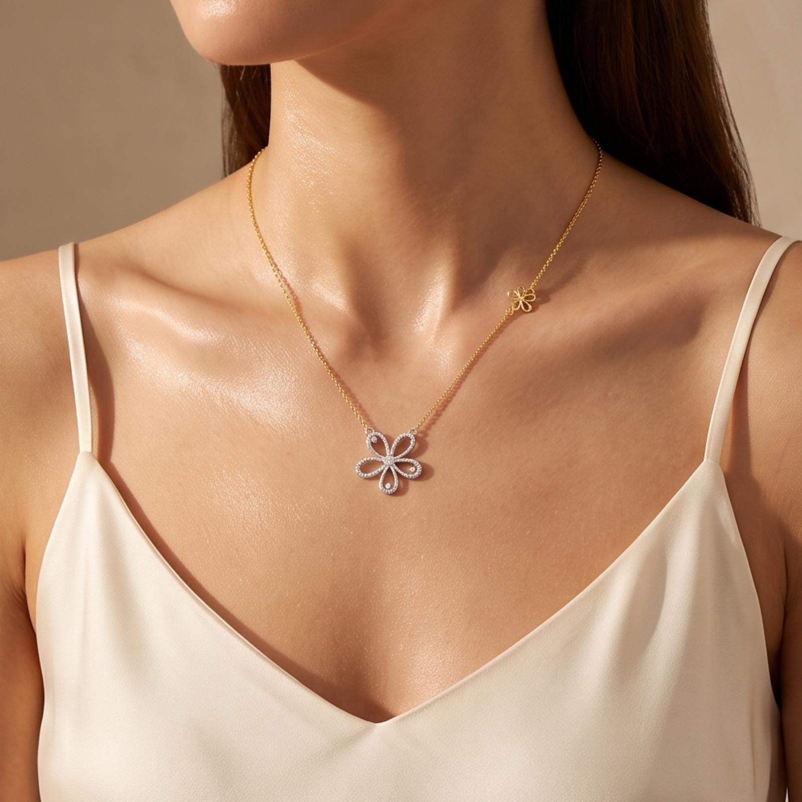 18K Yellow Gold Flower Shape Natural Diamond Necklace Bafleh Jewellery - Image 5