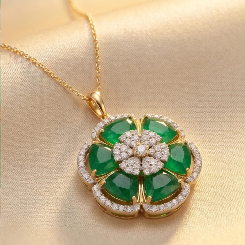 Elegant Flower Shaped Natural Emerald and Diamond Necklace in Gold, Available at Bafleh Jewellery