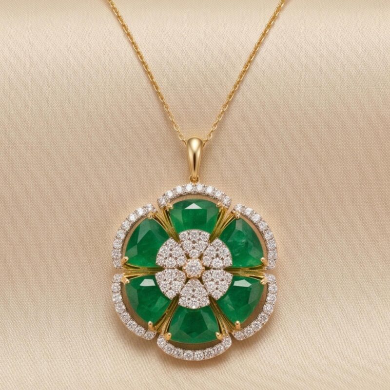 Alternative view of Elegant Flower Shaped Natural Emerald and Diamond Necklace in Gold, Available at Bafleh Jewellery