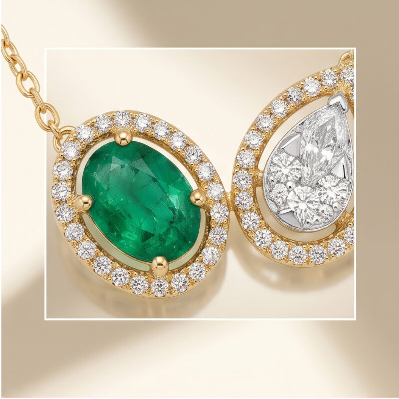 Alternative view of Certified Emerald & Diamond Toi et Moi Teardrop Necklace in 18kt Gold