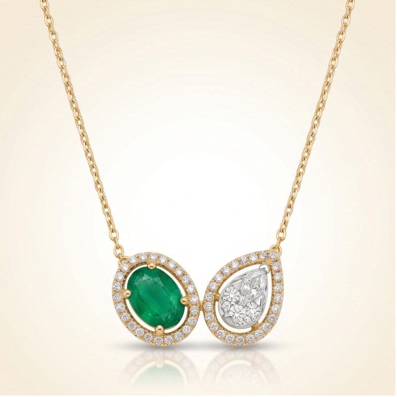 Certified Emerald & Diamond Toi et Moi Teardrop Necklace in 18kt Gold