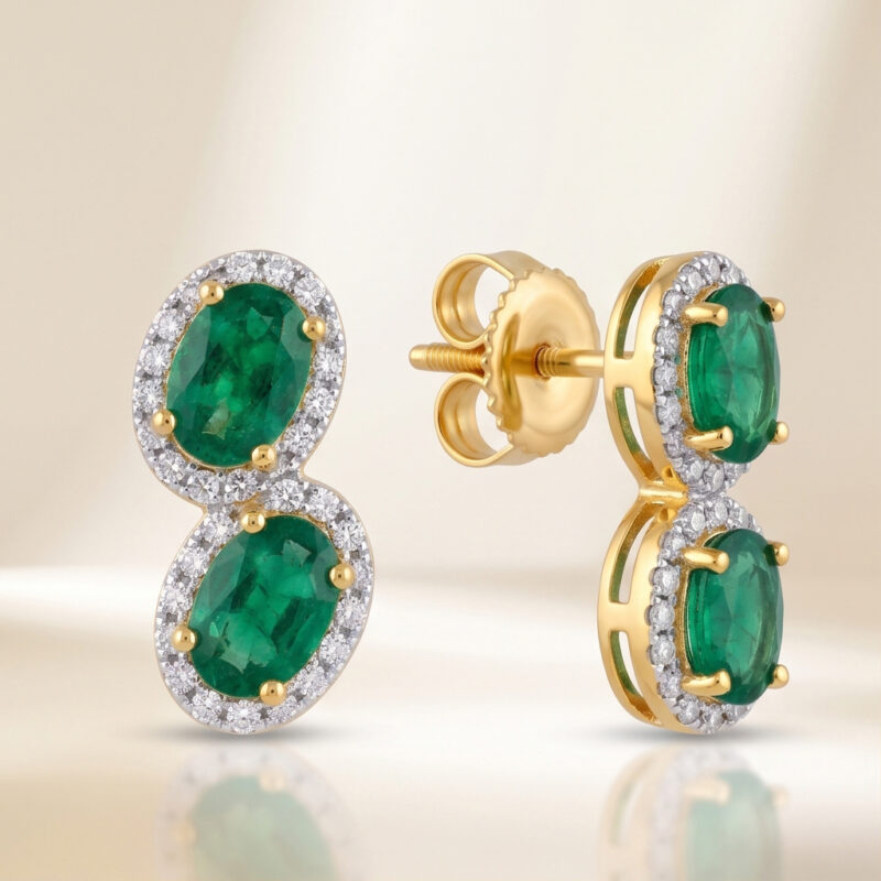 Dual Oval Emerald Figure-8 Halo Earrings in Yellow Gold
