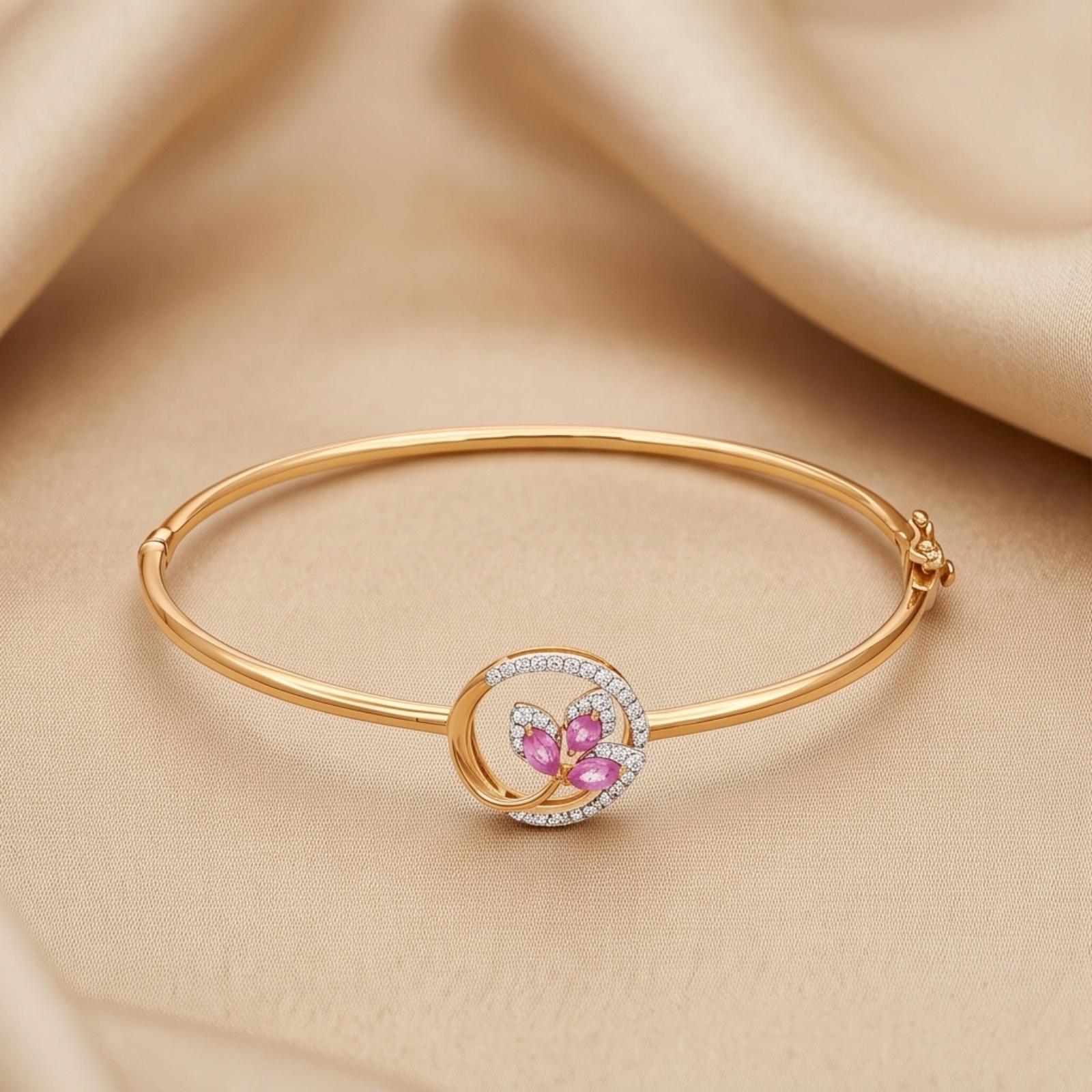 Elegant 18K Yellow Gold Bangle Featuring Beautiful Pink Stone Flower with Sparkling Natural Diamonds - Image 3